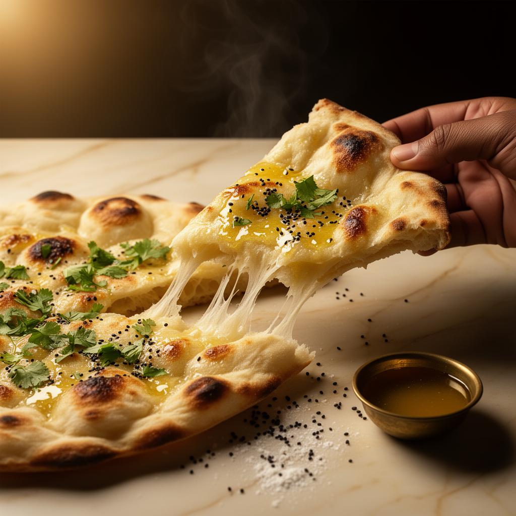 Fresh naan being pulled apart