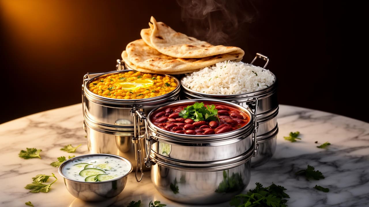 Premium stacked tiffin with golden dal, rajma curry, basmati rice, fresh roti and raita